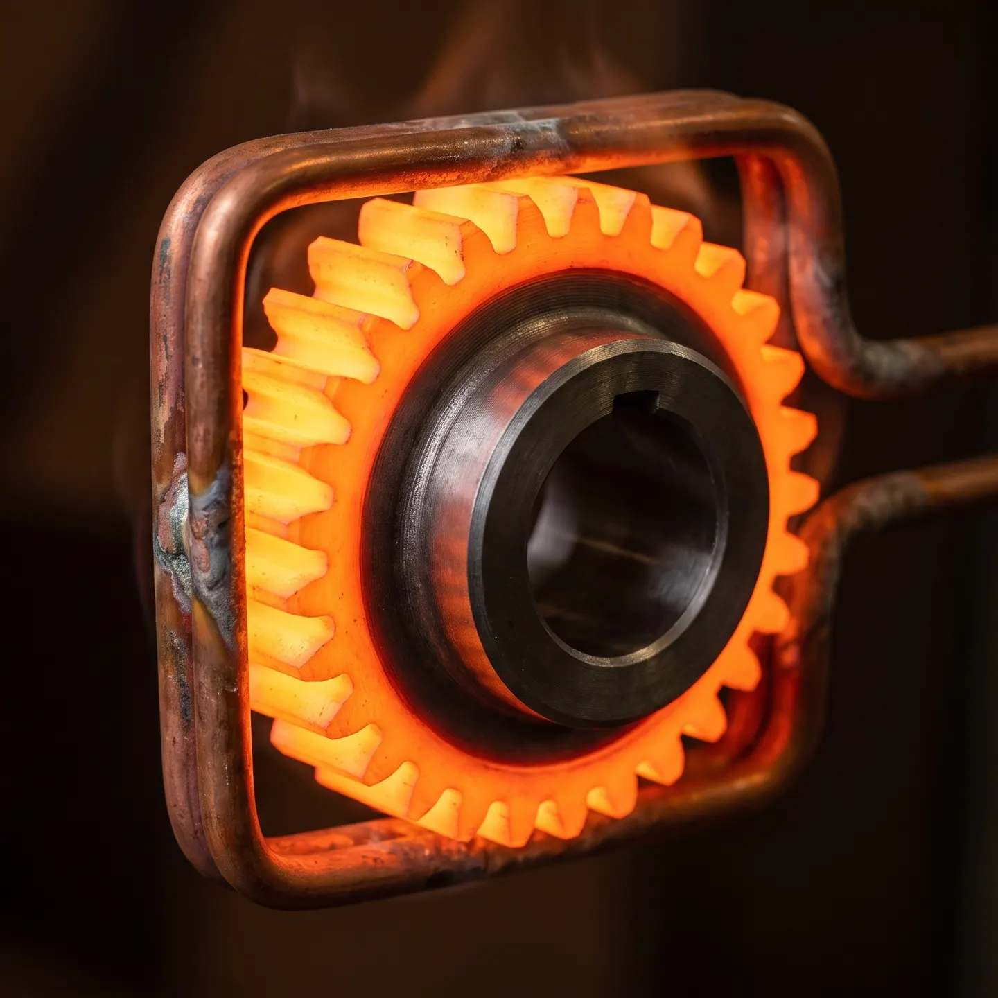 Induction hardening of a gear wheel: the teeth glow orange inside a copper inductor