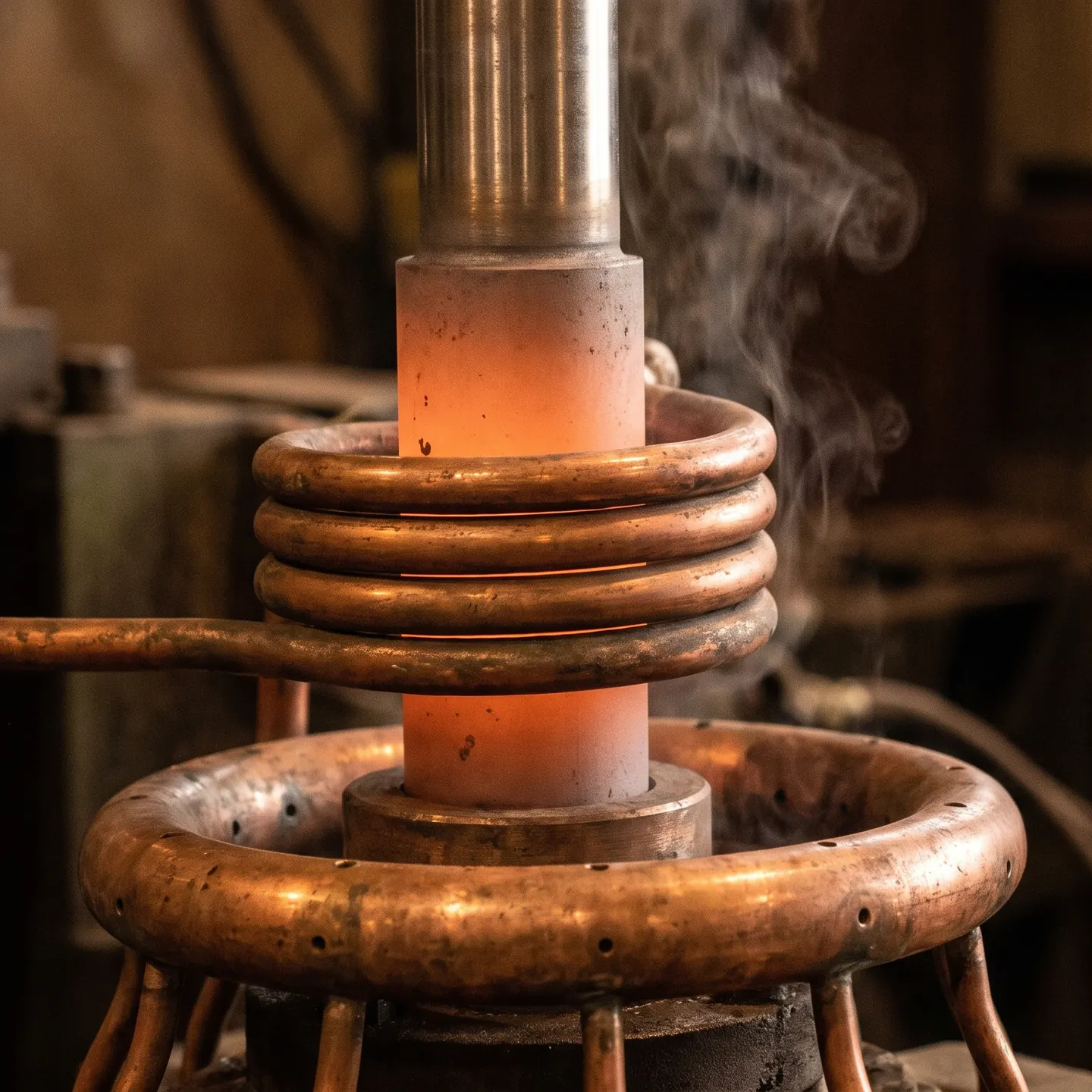 Steel shaft being induction heated in a copper coil, with a copper cooling shower below