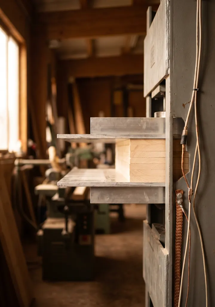 Press with electrode plates bonding pine boards into a beam with dielectric heating