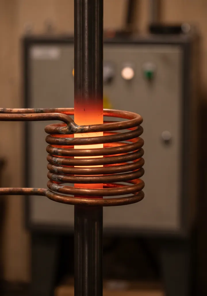 Copper tube induction coil around a steel shaft glowing orange, the generator cabinet in the background