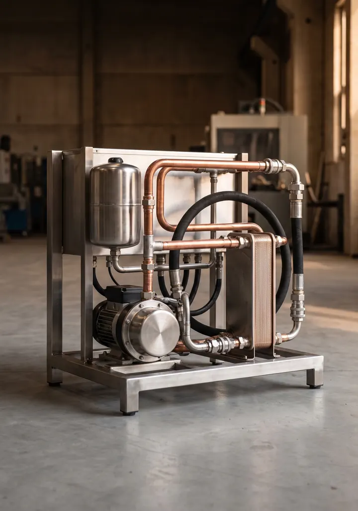 Closed stainless steel cooling system with pump, heat exchanger and hoses on a workshop floor