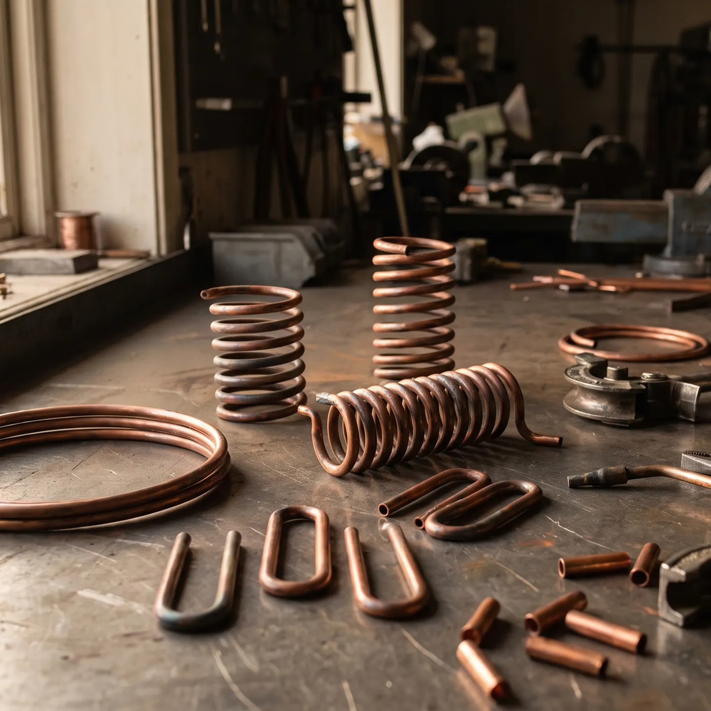 Hand-bent copper tube inductors of different shapes on a workbench, with a brazing torch and a tube bender
