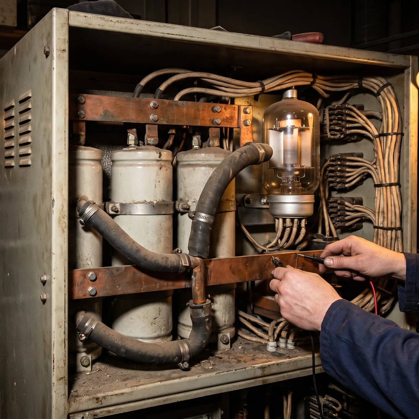 Open generator cabinet with capacitors, copper busbars, cooling hoses and an oscillator tube, a technician measuring with a multimeter