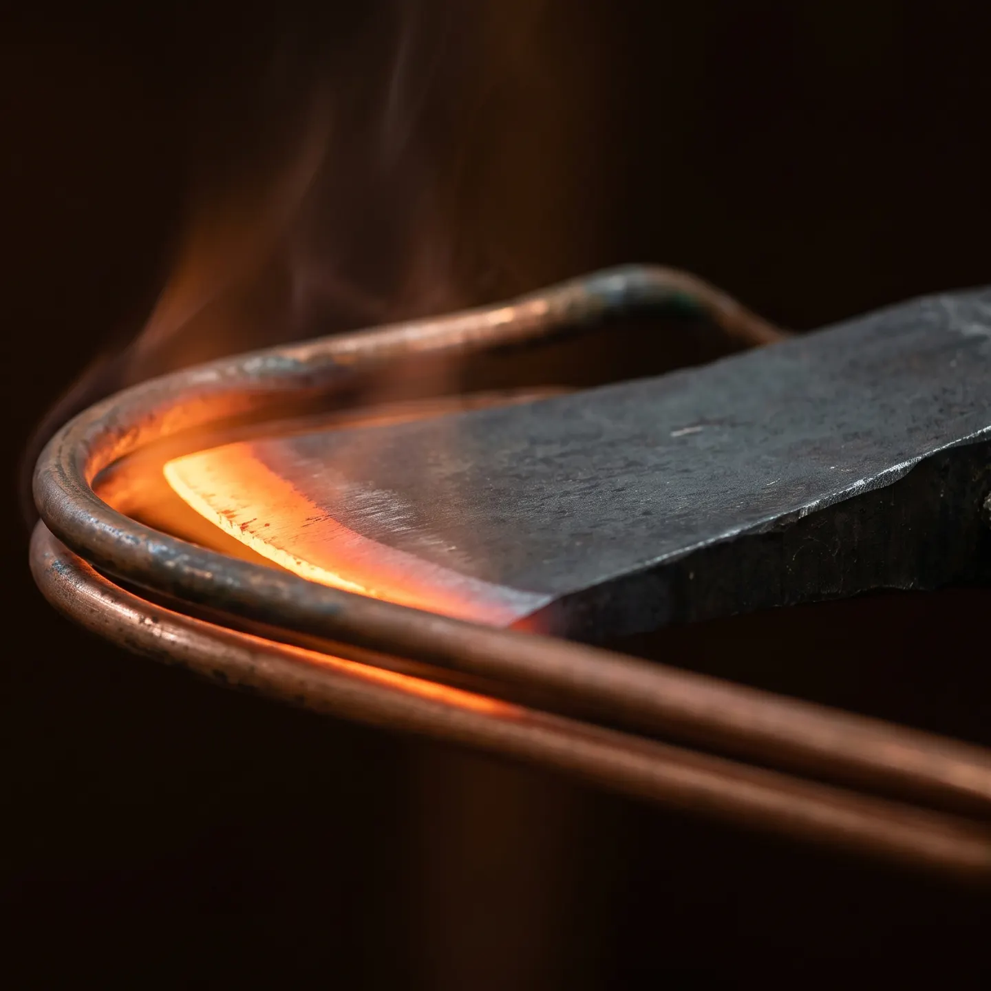 Induction edge hardening of an axe head: the edge glows orange inside a shaped copper inductor